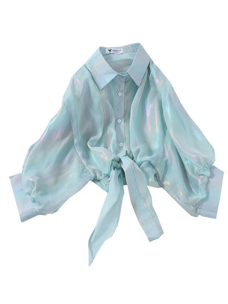 Camisas abotonadas para mujer, blusas sexis de media manga con brillos y cintura atada para otoño 2025