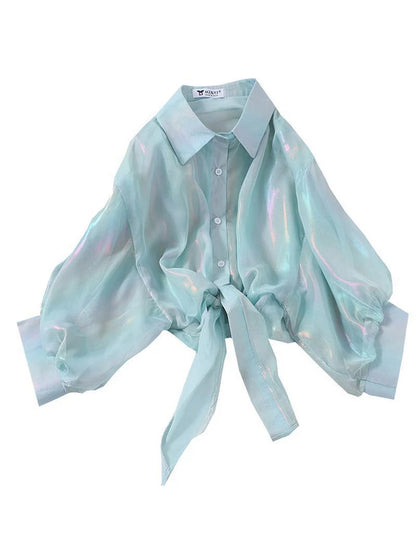 Camisas abotonadas para mujer, blusas sexis de media manga con brillos y cintura atada para otoño 2025