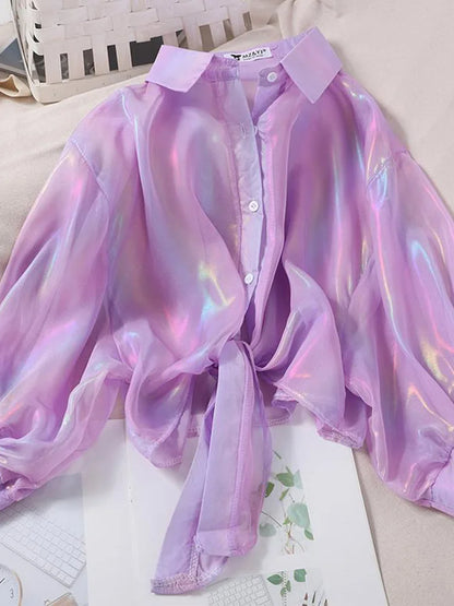 Camisas abotonadas para mujer, blusas sexis de media manga con brillos y cintura atada para otoño 2025