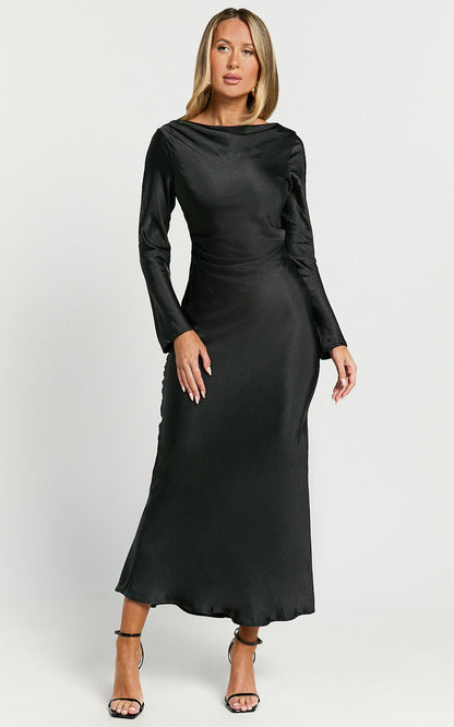 Arriana Midi Dress - Long Sleeve Cowl Back Satin Dress in Black