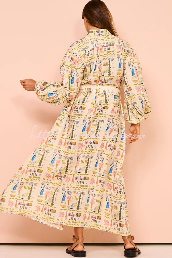Country Cutie Unique Print Long Sleeve Belted Pocket Shirt Maxi Dress