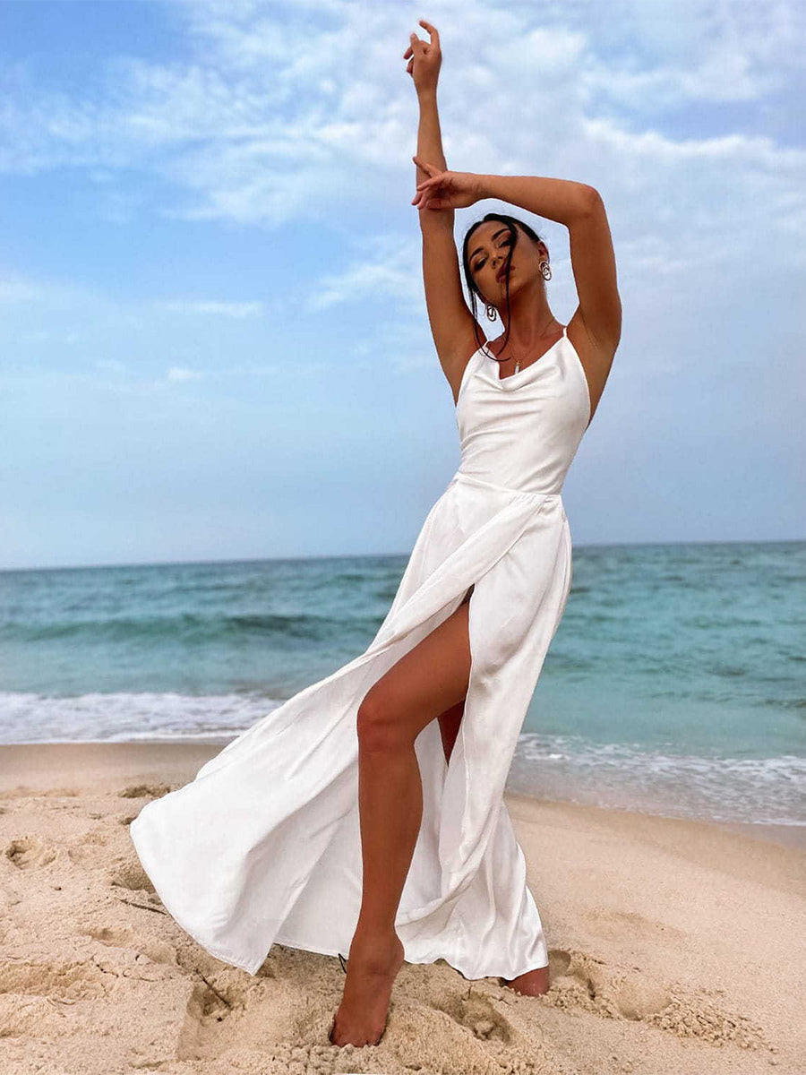 Red Halter Dress High Slit Low Back Lace Up Sexy Party Maxi Dresses