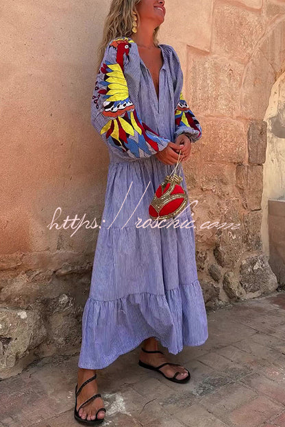 Unique Printed V-neck Lace-up Balloon Sleeves Loose Maxi Dress