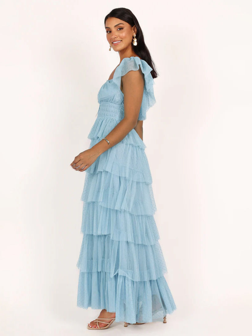 Layered Dress Cap Sleeves Sqaure Neck Elegant A-Line Prom Maxi Dresses