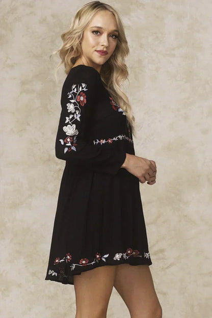 Selena Embroidered Floral Dress Black
