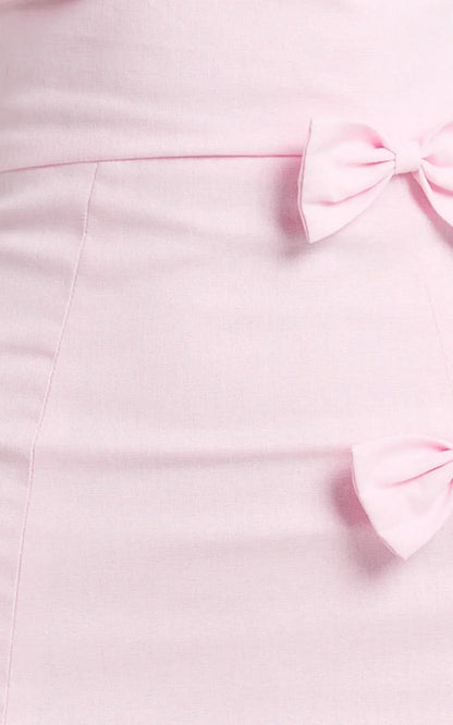 Arna Mini Dress High Neck Fitted Bow Detail Leg Split Fitted Dress in Pink