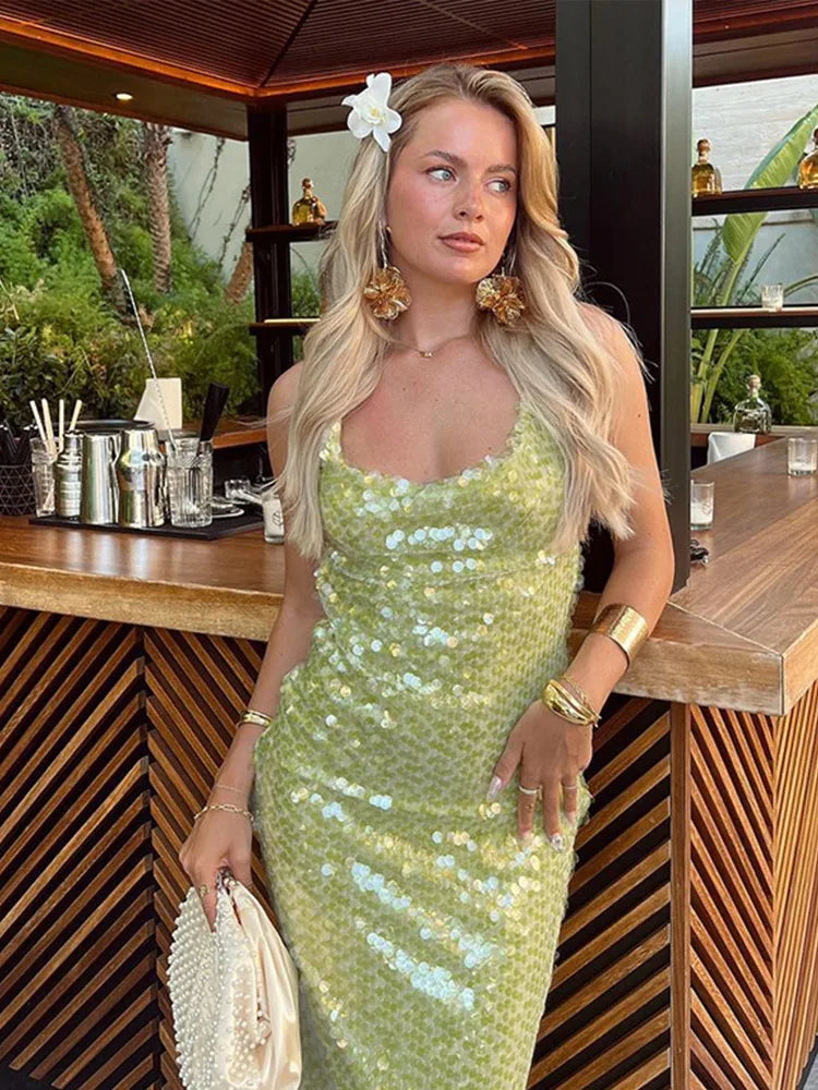 Sequin Backless Lace-Up Square Collar Maxi Dress