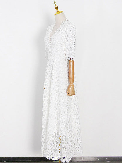 V-Neck Maxi Dress Half Sleeves Casual Floor Length Dress