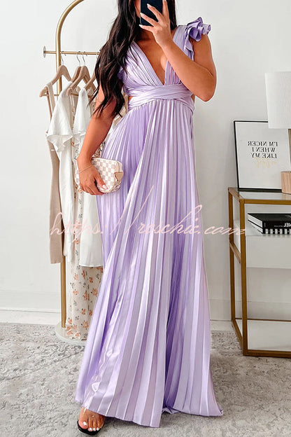 Opulent Occasion Satin Pleated Ruffle Sleeve Back Lace-up Maxi Dress