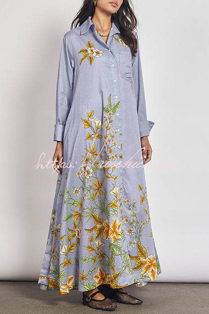 Opera Unique Floral Print Long Sleeve Pocket A-line Shirt Maxi Dress