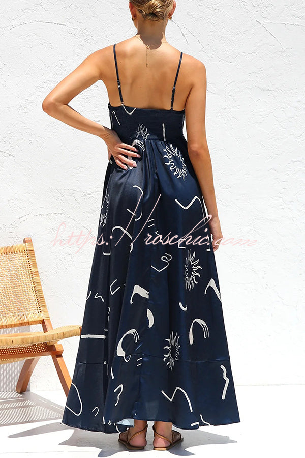 Elide Satin Unique Print Back Smocked Vacation Maxi Dress