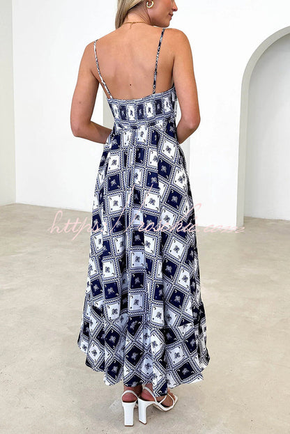 Elide Satin Unique Print Back Smocked Vacation Maxi Dress