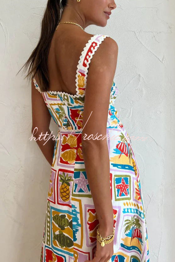 Salty Summer Days Funny Printed Wave Trim Square Collar Maxi Dress