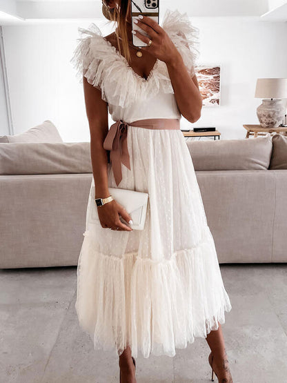 Lace Dresses White V-Neck Sleeveless Asymmetrical Ruffles Lace Up Casual Maxi Dresses