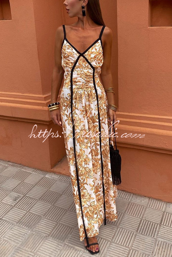 Violet Contrast Unique Print Pleated Backless Strappy Maxi Dress