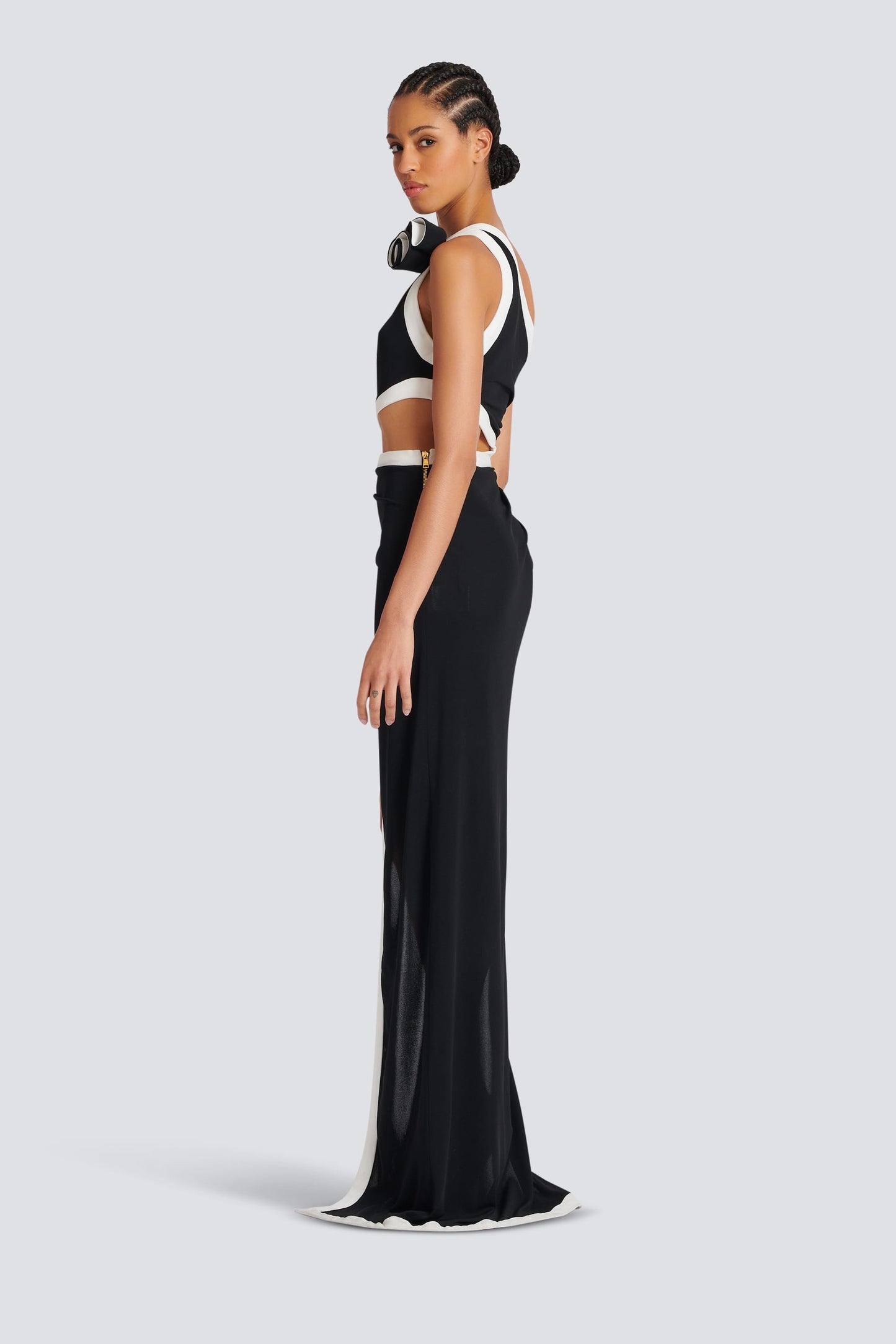 Salome Asymmetric Floral Applique Maxi Dress