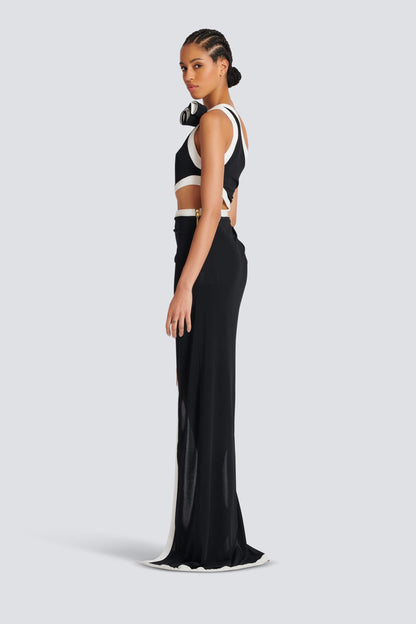 Salome Asymmetric Floral Applique Maxi Dress