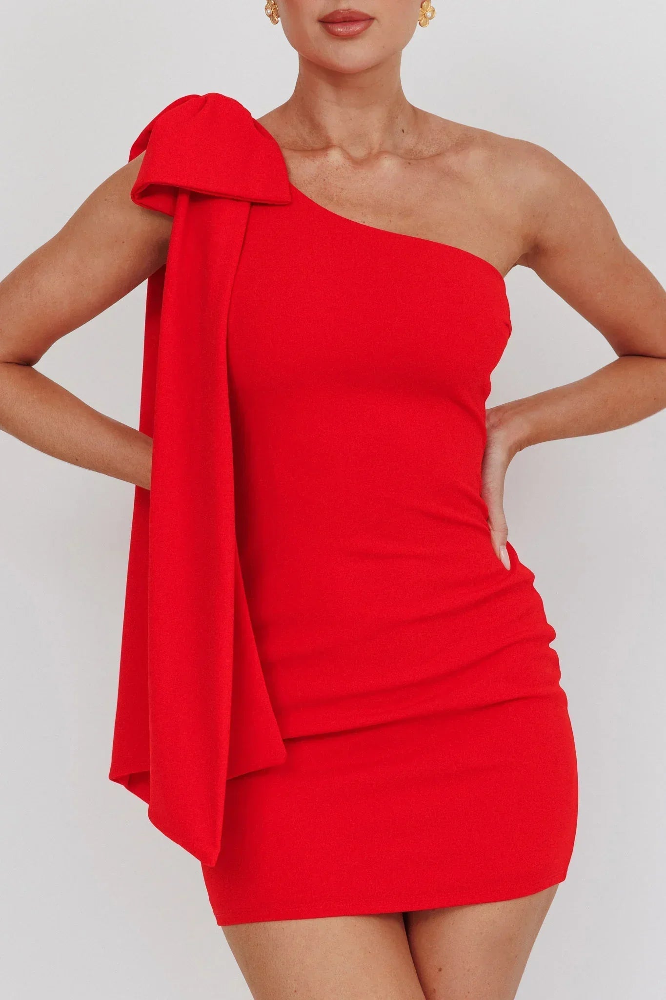 Earned It One Shoulder Bow Mini Dress Red