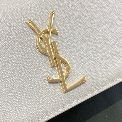 YSL Kate Small White Chain Bag In Grain De Poudre Embossed Leather 20 x 12.5 x 5 cm