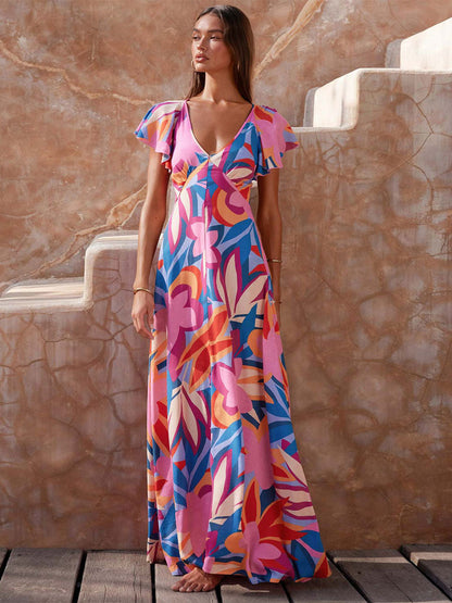 Printed Dress V-Neck Cap Sleeves Boho-Inspired Casual Summer Maxi Dresses