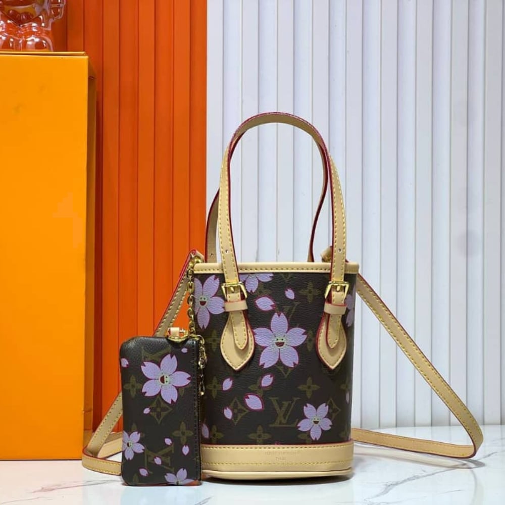 LOUIS VUITTON X MURAKAMI NANO BUCKET MONOGRAM CANVAS SAKURA BROWN 17CM M13417