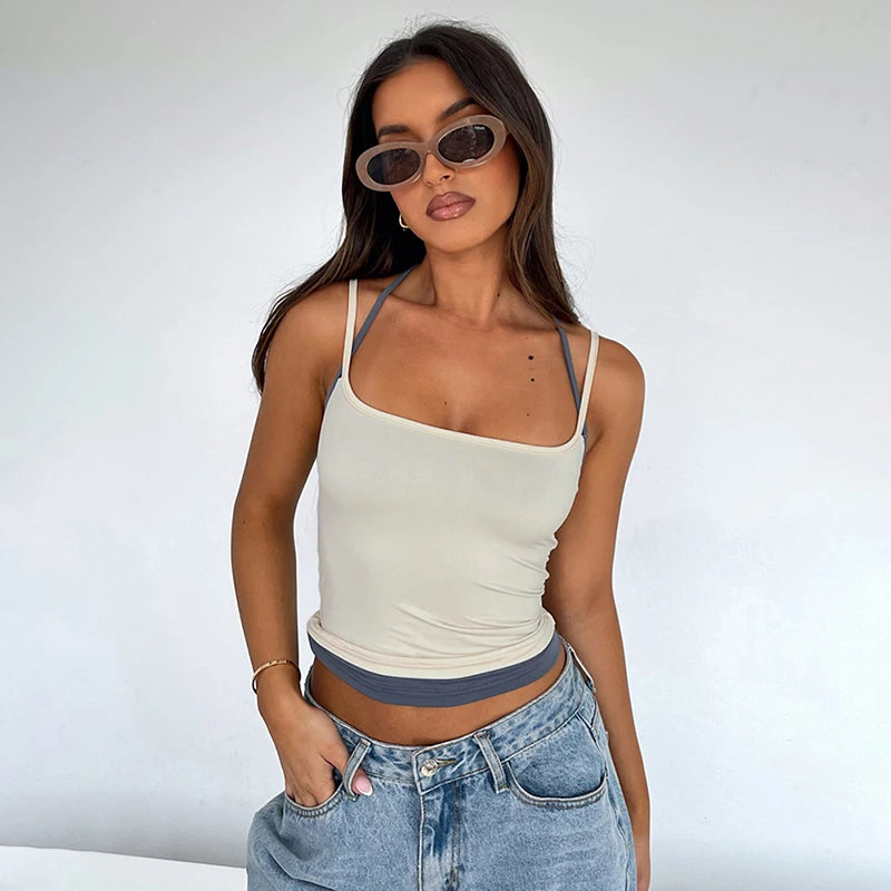 2025 Spring New Adjustable Straps Halter Clash Color Fake Two Piece Square Neck Backless Solid Hottie Girl Style Top