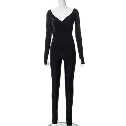 Conjunto de chándal elegante de 2 piezas para mujer, top corto ajustado con cuello cruzado y leggings elásticos, conjuntos de ropa de calle a juego