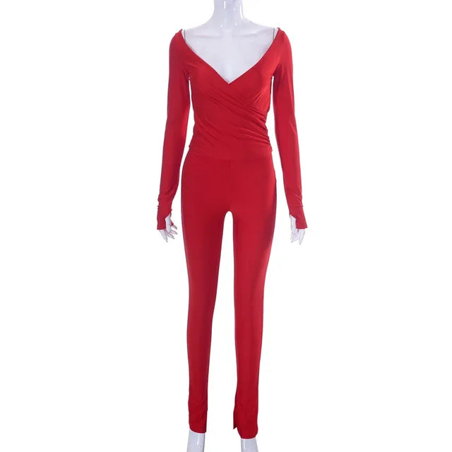 Conjunto de chándal elegante de 2 piezas para mujer, top corto ajustado con cuello cruzado y leggings elásticos, conjuntos de ropa de calle a juego
