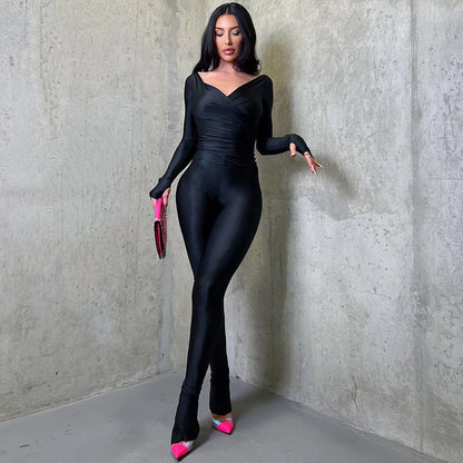 Conjunto de chándal elegante de 2 piezas para mujer, top corto ajustado con cuello cruzado y leggings elásticos, conjuntos de ropa de calle a juego