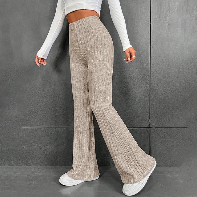 Pantalones anchos de punto informales con rayas anchas y sólidos para mujer, otoño e invierno, ropa de calle, novedad de 2025