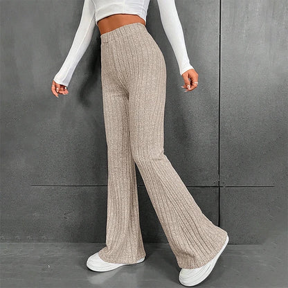 Pantalones anchos de punto informales con rayas anchas y sólidos para mujer, otoño e invierno, ropa de calle, novedad de 2025