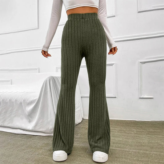 Pantalones anchos de punto informales con rayas anchas y sólidos para mujer, otoño e invierno, ropa de calle, novedad de 2025