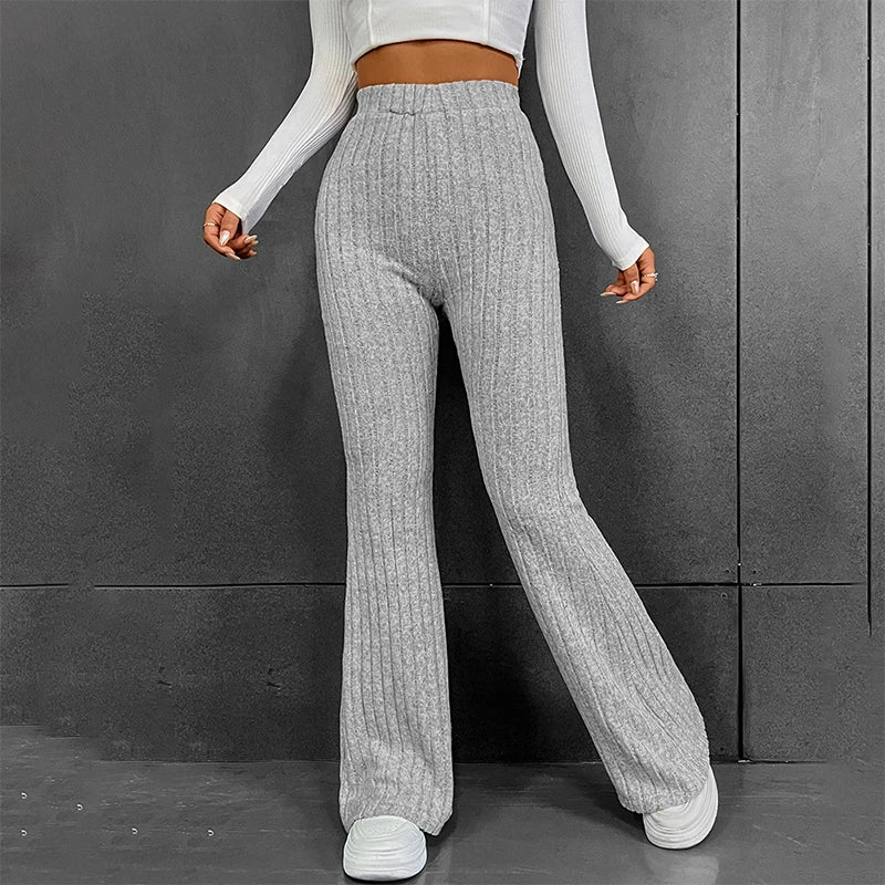 Pantalones anchos de punto informales con rayas anchas y sólidos para mujer, otoño e invierno, ropa de calle, novedad de 2025
