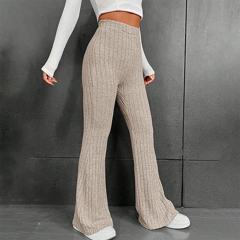 Pantalones anchos de punto informales con rayas anchas y sólidos para mujer, otoño e invierno, ropa de calle, novedad de 2025