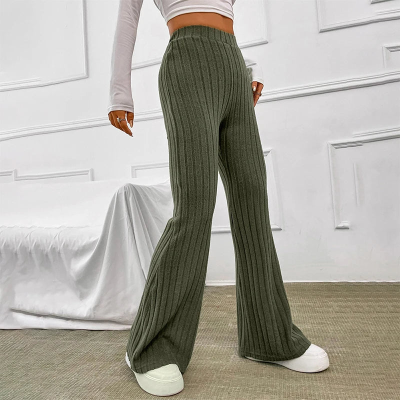 Pantalones anchos de punto informales con rayas anchas y sólidos para mujer, otoño e invierno, ropa de calle, novedad de 2025