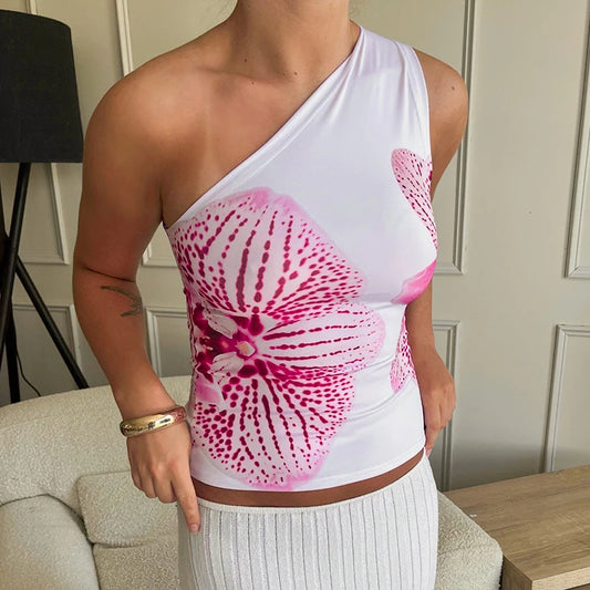 Floral Print Fitted Tops Women Resort Wear Graphic Tees Summer 2025 Casual One Shoulder Slash Backless Tank Top