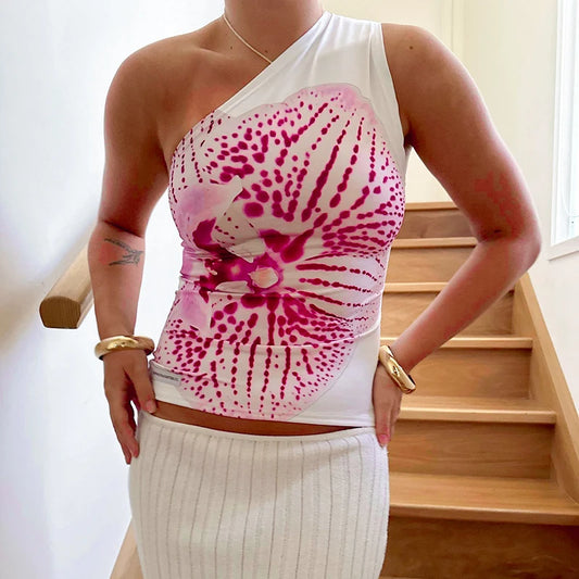 Floral Print Fitted Tops Women Resort Wear Graphic Tees Summer 2025 Casual One Shoulder Slash Backless Tank Top
