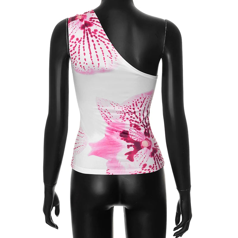 Tops ajustados con estampado floral para mujer, ropa de resort, camisetas gráficas, verano 2025, camiseta informal de un solo hombro con espalda descubierta