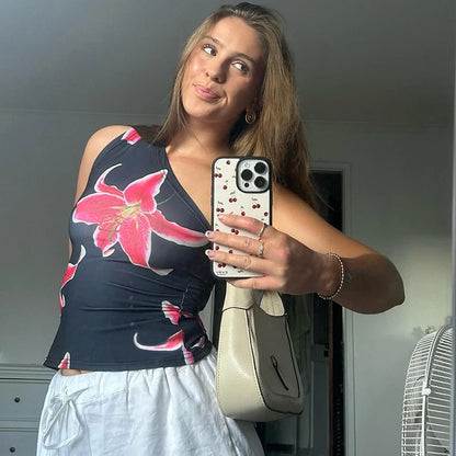 Tops ajustados con estampado floral para mujer, ropa de resort, camisetas gráficas, verano 2025, camiseta informal de un solo hombro con espalda descubierta