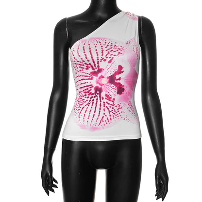 Tops ajustados con estampado floral para mujer, ropa de resort, camisetas gráficas, verano 2025, camiseta informal de un solo hombro con espalda descubierta