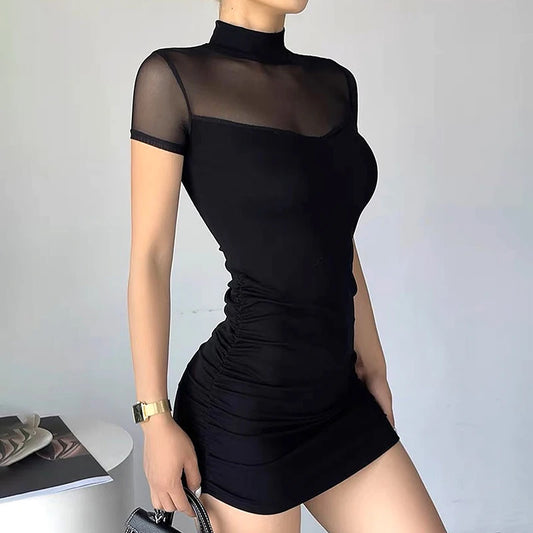 Vestido mini gótico oscuro con cuello alto Y2k, ajustado, gótico, para mujer, de malla con retazos, vestido de fiesta transparente