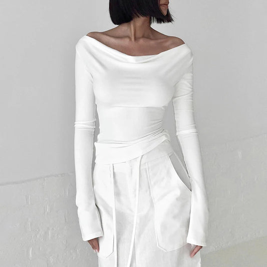 Chaleco corto con hombros descubiertos y cuello halter irregular fruncido, manga larga, espalda descubierta, tirantes, informal, para mujer, ropa de calle de otoño