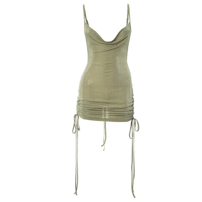 Vestido de mujer sexy con escote bajo, tirantes finos, espalda descubierta, ajustado, fruncido, para fiesta y club.