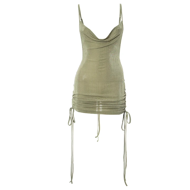 Vestido de mujer sexy con escote bajo, tirantes finos, espalda descubierta, ajustado, fruncido, para fiesta y club.