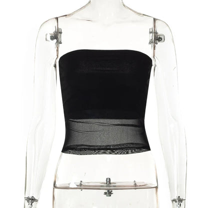 Corsé de malla negro Y2K Tops para mujer Top corto transparente Top de tubo elástico Tops de tirantes sexys Ropa de calle de verano