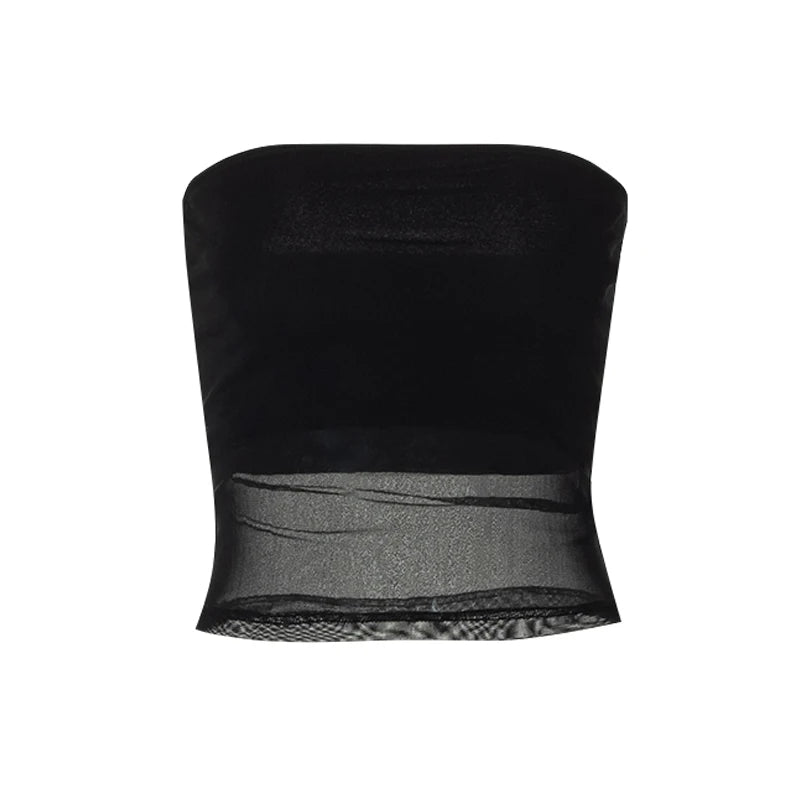 Corsé de malla negro Y2K Tops para mujer Top corto transparente Top de tubo elástico Tops de tirantes sexys Ropa de calle de verano