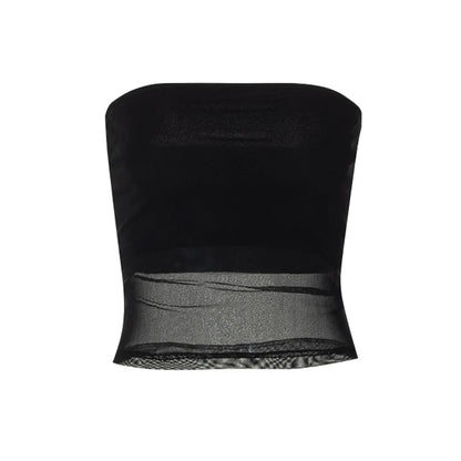 Corsé de malla negro Y2K Tops para mujer Top corto transparente Top de tubo elástico Tops de tirantes sexys Ropa de calle de verano