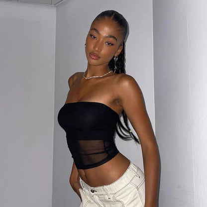 Corsé de malla negro Y2K Tops para mujer Top corto transparente Top de tubo elástico Tops de tirantes sexys Ropa de calle de verano