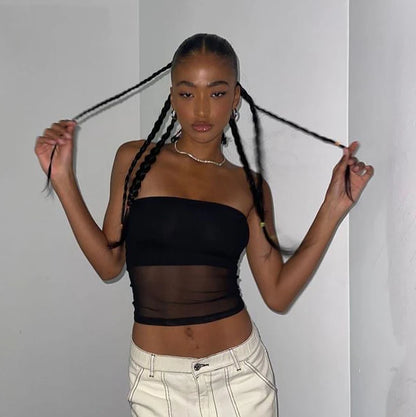 Corsé de malla negro Y2K Tops para mujer Top corto transparente Top de tubo elástico Tops de tirantes sexys Ropa de calle de verano