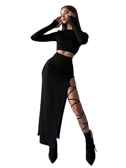 Conjunto de top corto de manga larga con cuello halter, cintura elástica y abertura alta, sin piernas, falda con lazo sexy